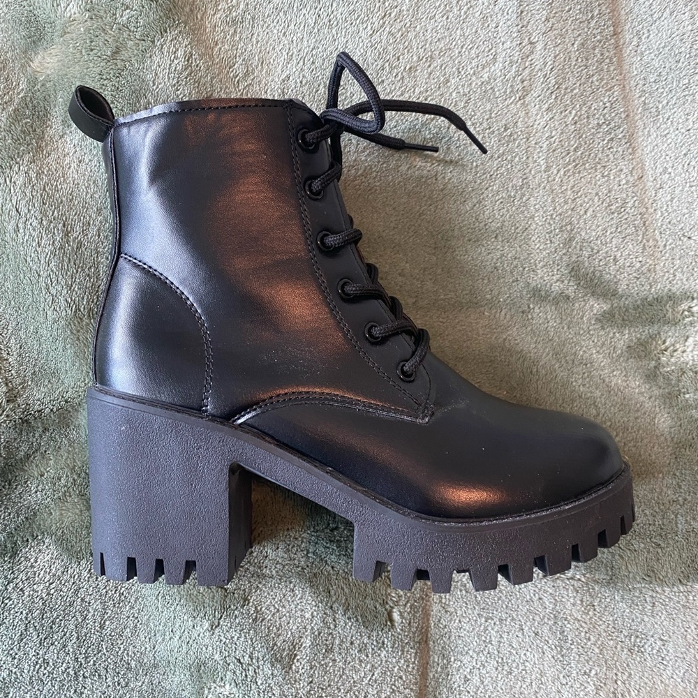 Zip Side Chunky Heeled Lace-up Front Combat Boots, Black Fashion Women's Boots